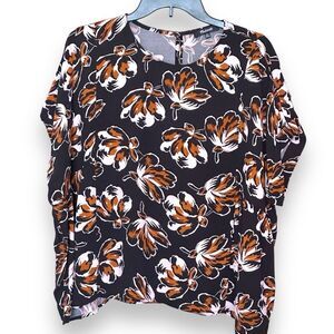 Madewell Boxy Cropped Short Sleeve Lightweight Blouse Black Orange Floral Sz XXL